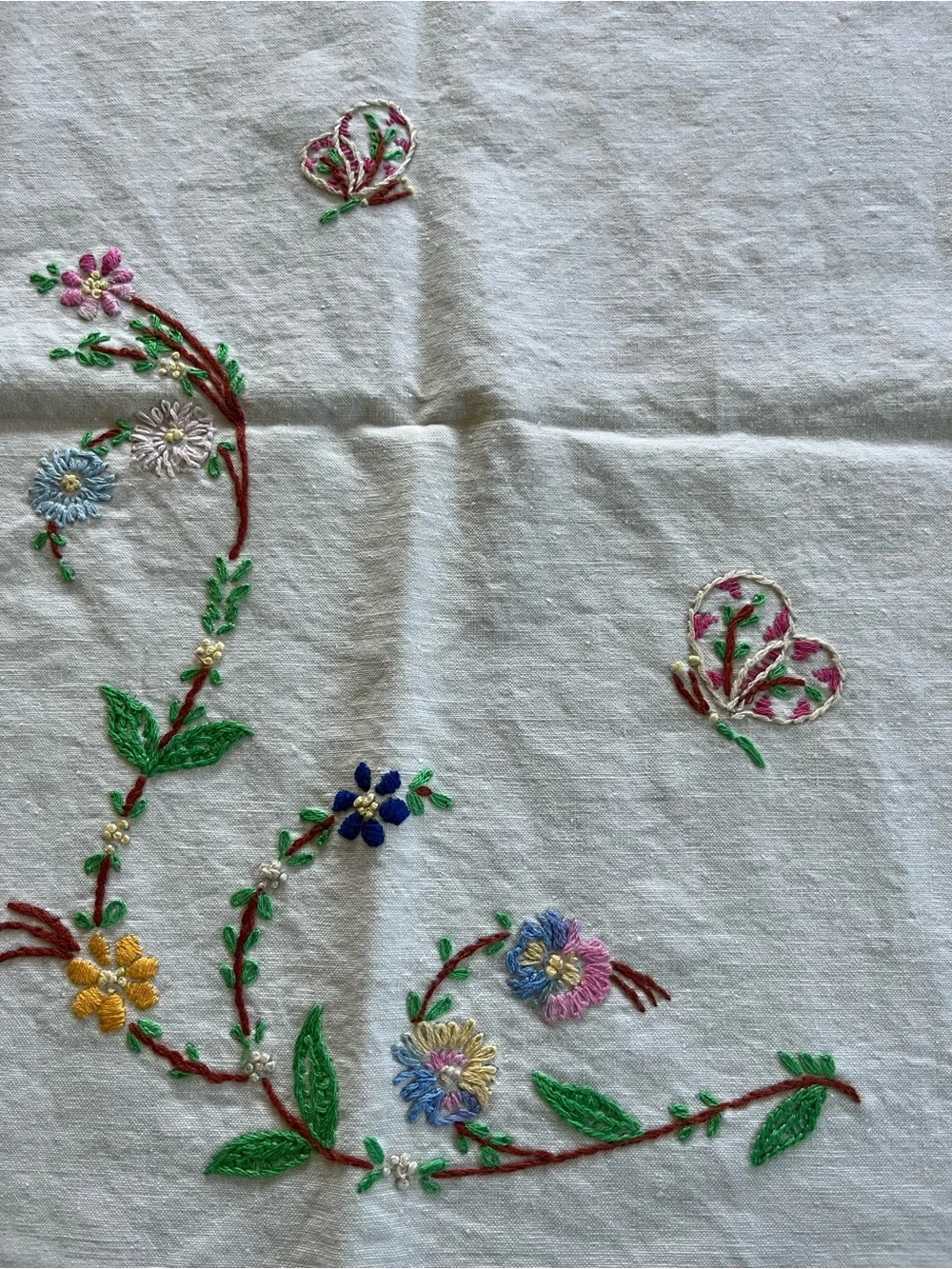 Vintage Hand-Embroidered Cream Floral Table Runner with Purple Trim